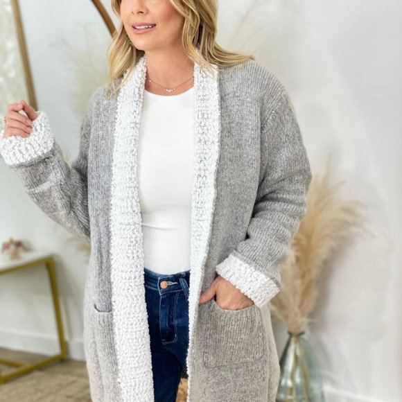 Gray Long Pocketed Open Front Knit Cardigan - Picture 3 of 8